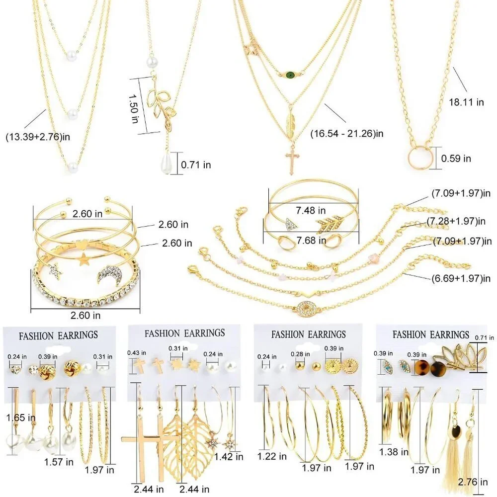 Jewelry Set Alloy 38 Pcs Necklace Bracelets Earrings Fashion Gift for Women